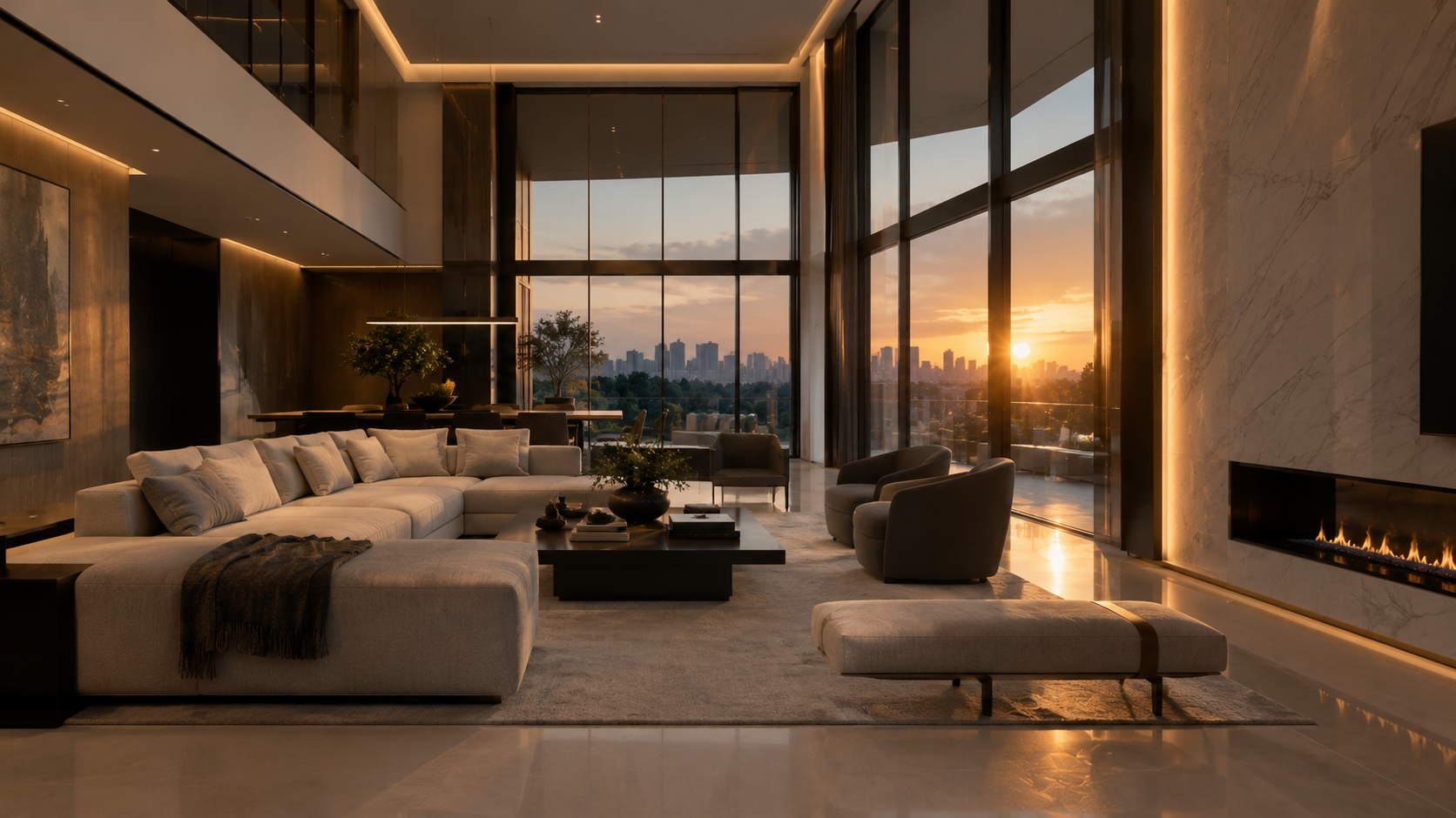 Sala de estar de residência de alto padrão ao pôr do sol